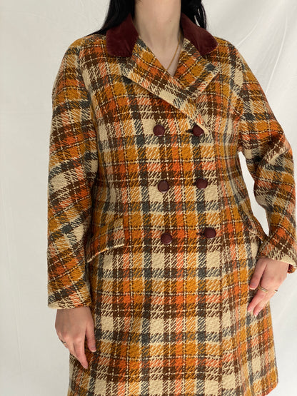 Vintage Brown & Rust Plaid Oversized Double-Breasted Wool Blend Coat with Velvet Collar - XL