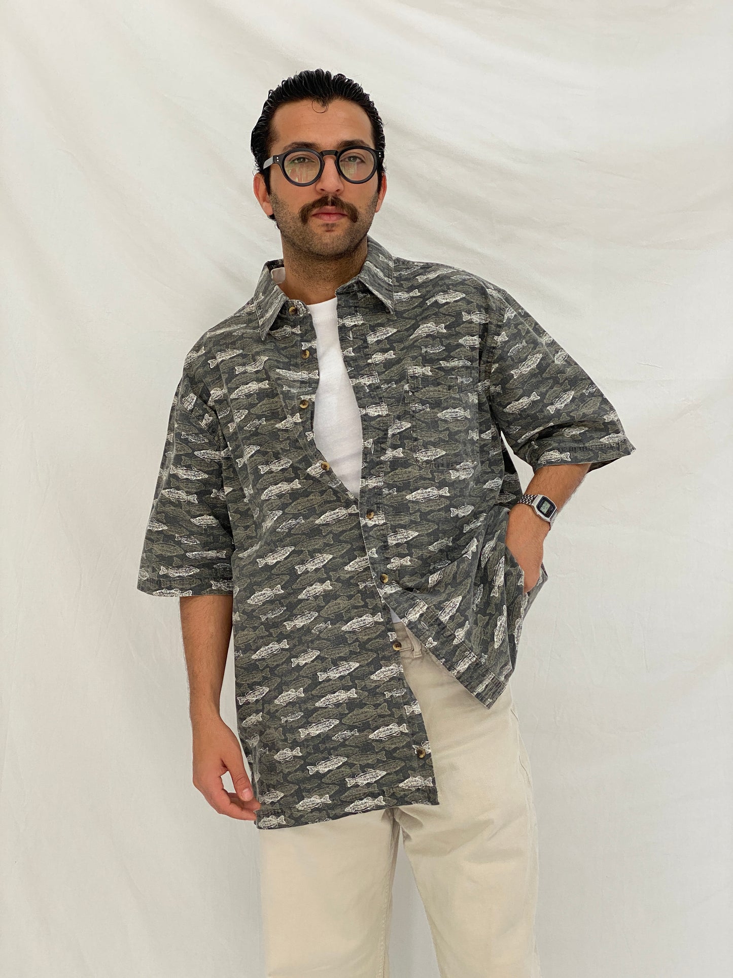 Vintage Puritan Fish Print Gray Cotton Button Up Shirt Oversized Coastal Shirt - XL