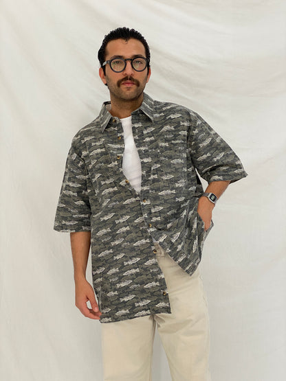 Vintage Puritan Fish Print Gray Cotton Button Up Shirt Oversized Coastal Shirt - XL