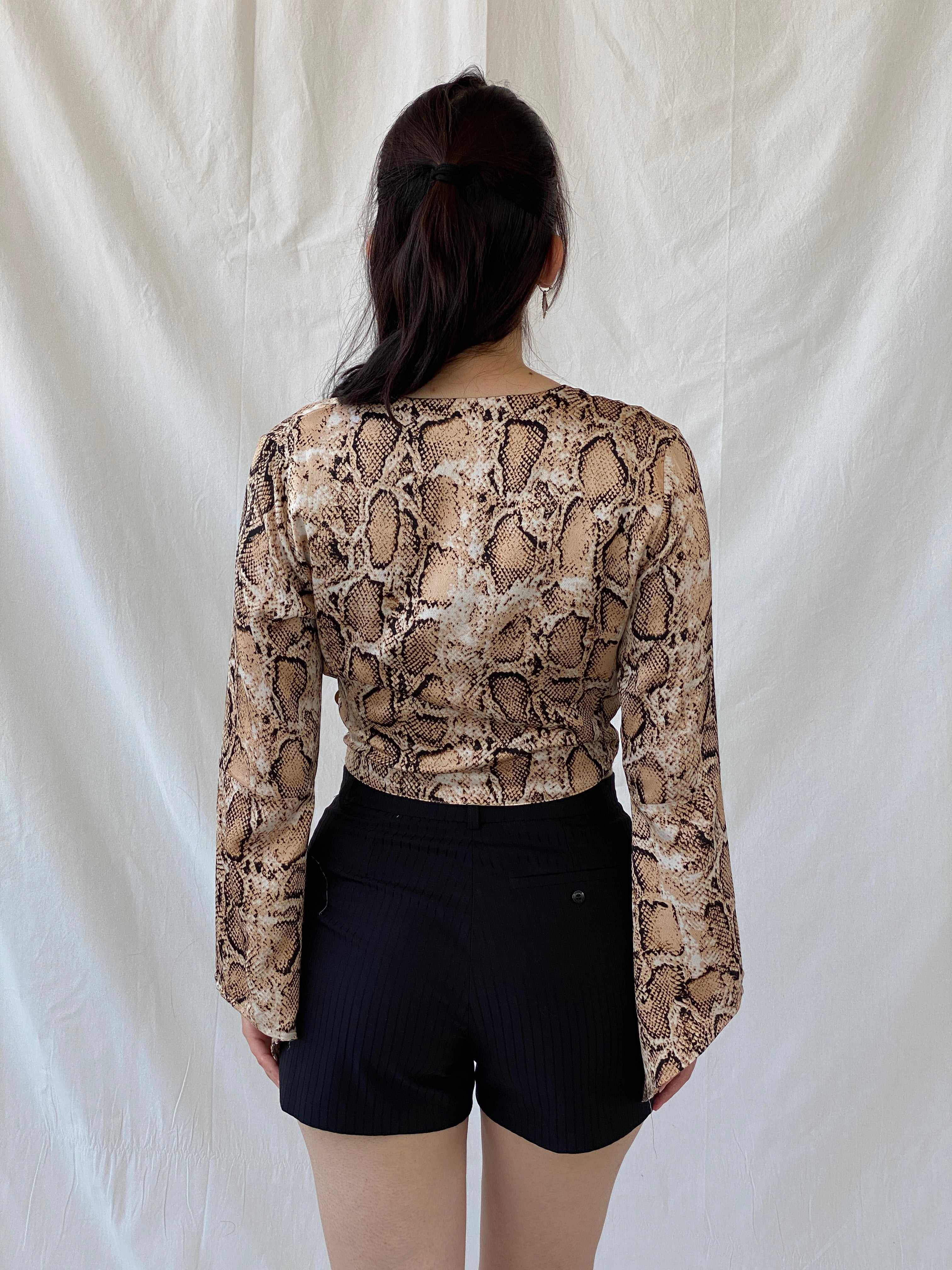 Vintage Delousion by Lou Snake Print Brown Beige Bell Sleeve Wrap Crop Top - S