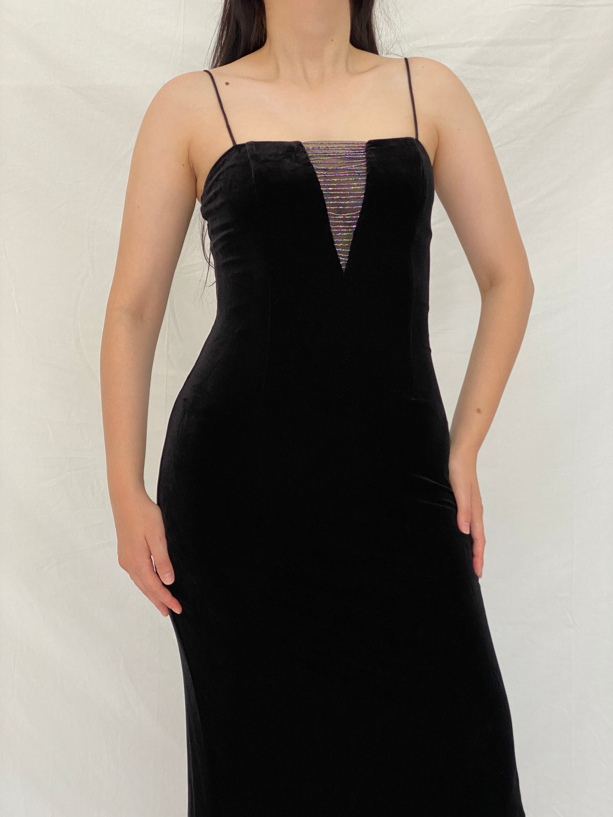 Vintage Betsey & Adam by Jaslene Black Velvet Beaded Illusion Evening Gown – S Vintage Betsey & Adam by Jaslene Black Velvet Beaded Illusion Evening Gown – S