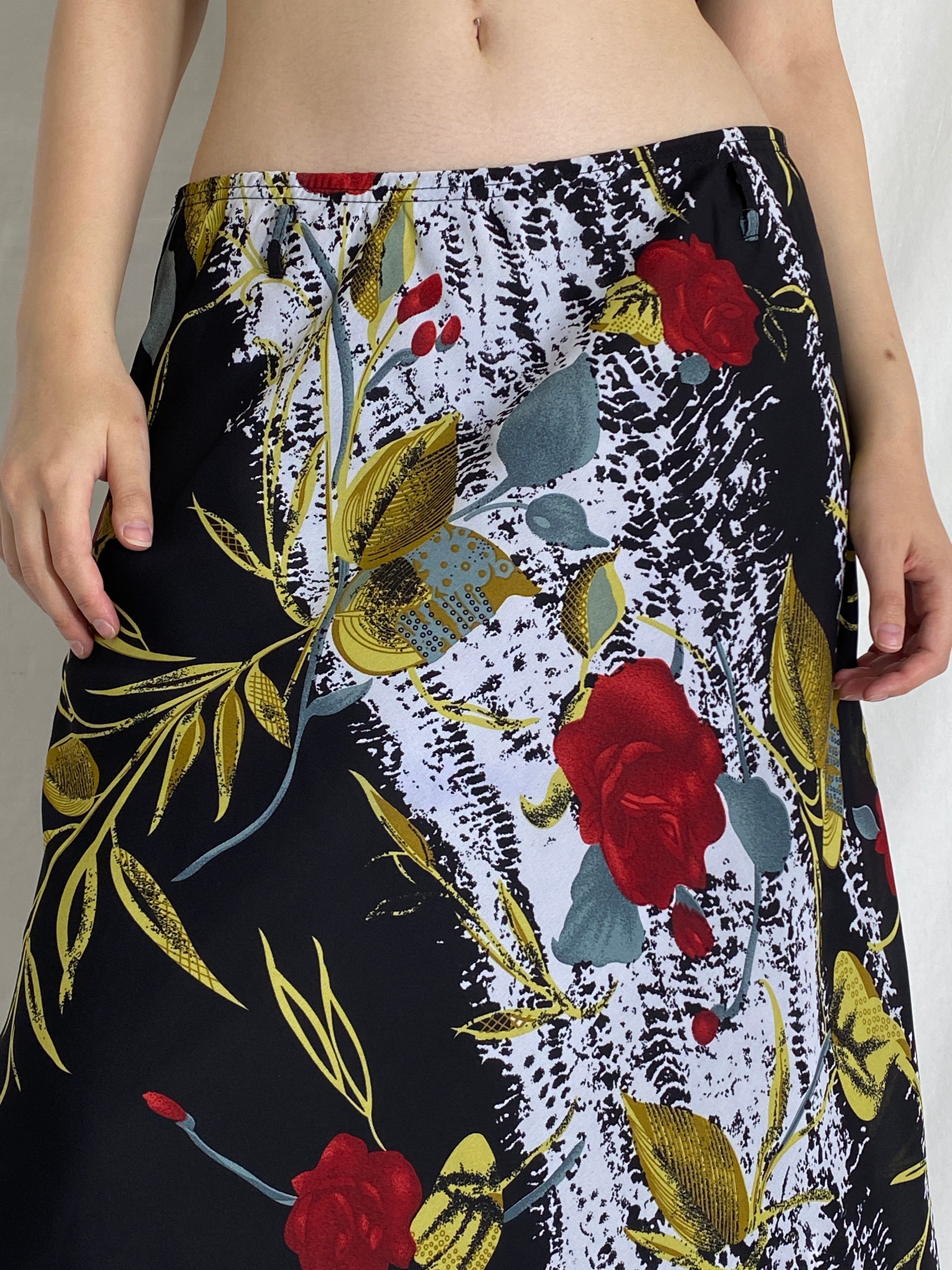 Vintage 90s Black Red Floral Print Midi Skirt - L
