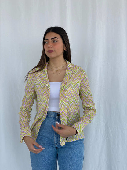 Vintage 90s Douchka Paris Yellow Geometric Sheer Shirt Size S - Balagan Vintage Full Sleeve Shirt 90s, full sleeve shirt, geometric print, groovy shirt, Juana, NEW IN, women skirt