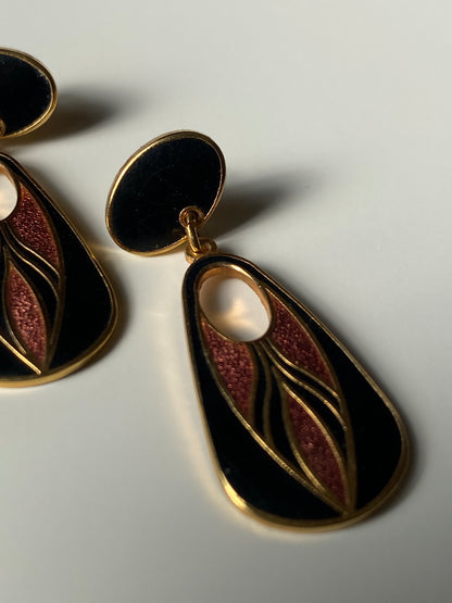 Vintage Isle of Skye Art Deco Enamel Drop Earrings - Gold Tone Celtic Design