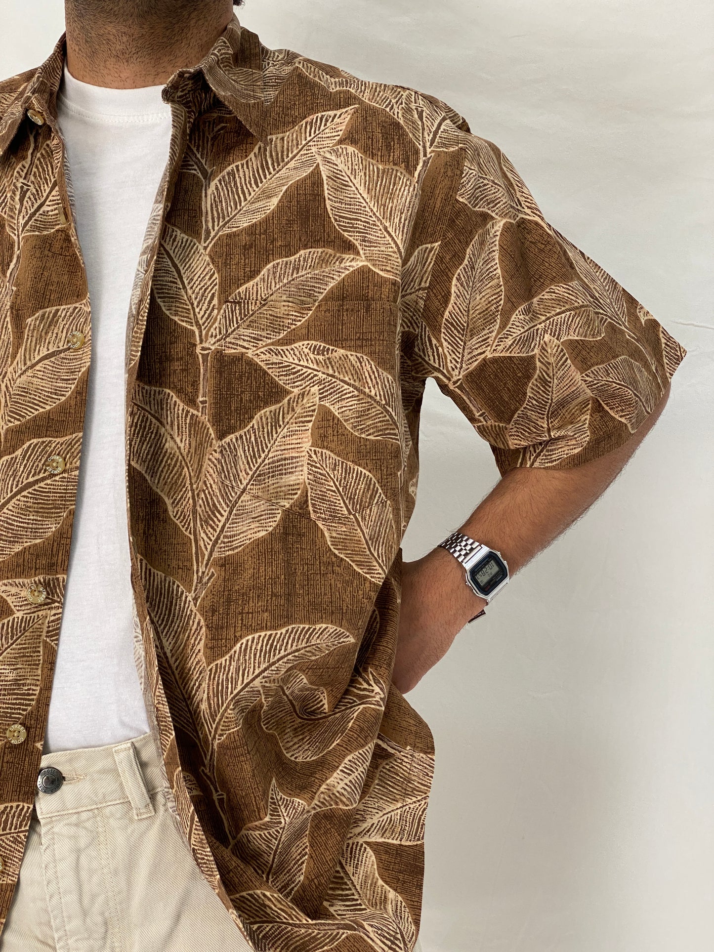 Vintage Cooke Street Honolulu Brown Tropical Cotton Hawaiian Shirt – L