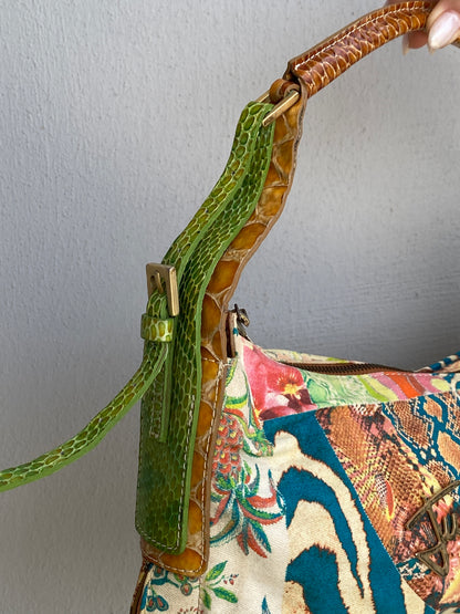 Statement Y2K Just Cavalli Graphic Print Canvas & Leather Shoulder Bag