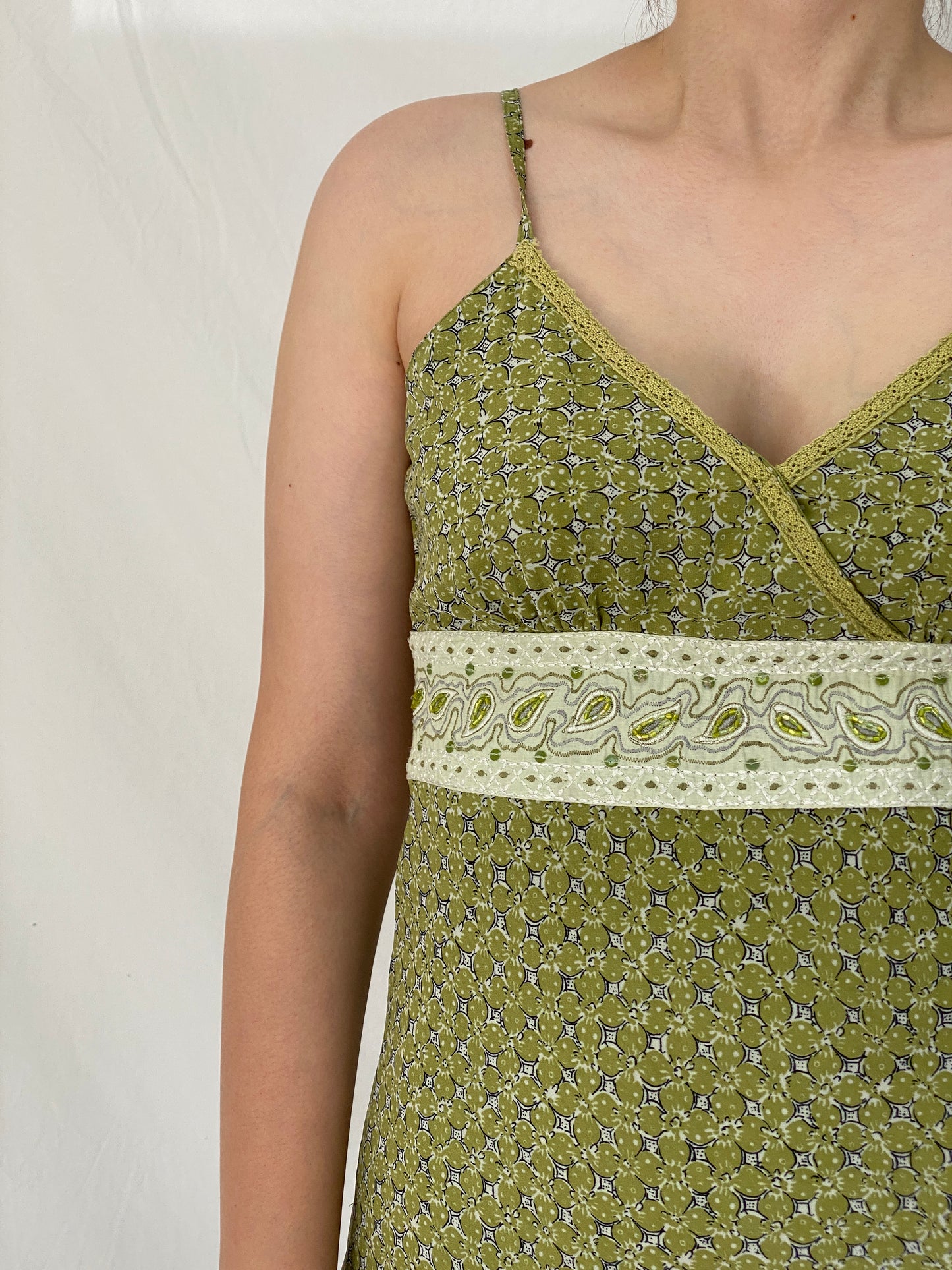 Y2K Vero Moda Olive Green Paisley Floral Beaded Midi Dress – M