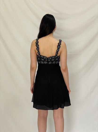 Vintage 90s A.J. Bari Black Silk Beaded Floral Bodice Mini Dress - S