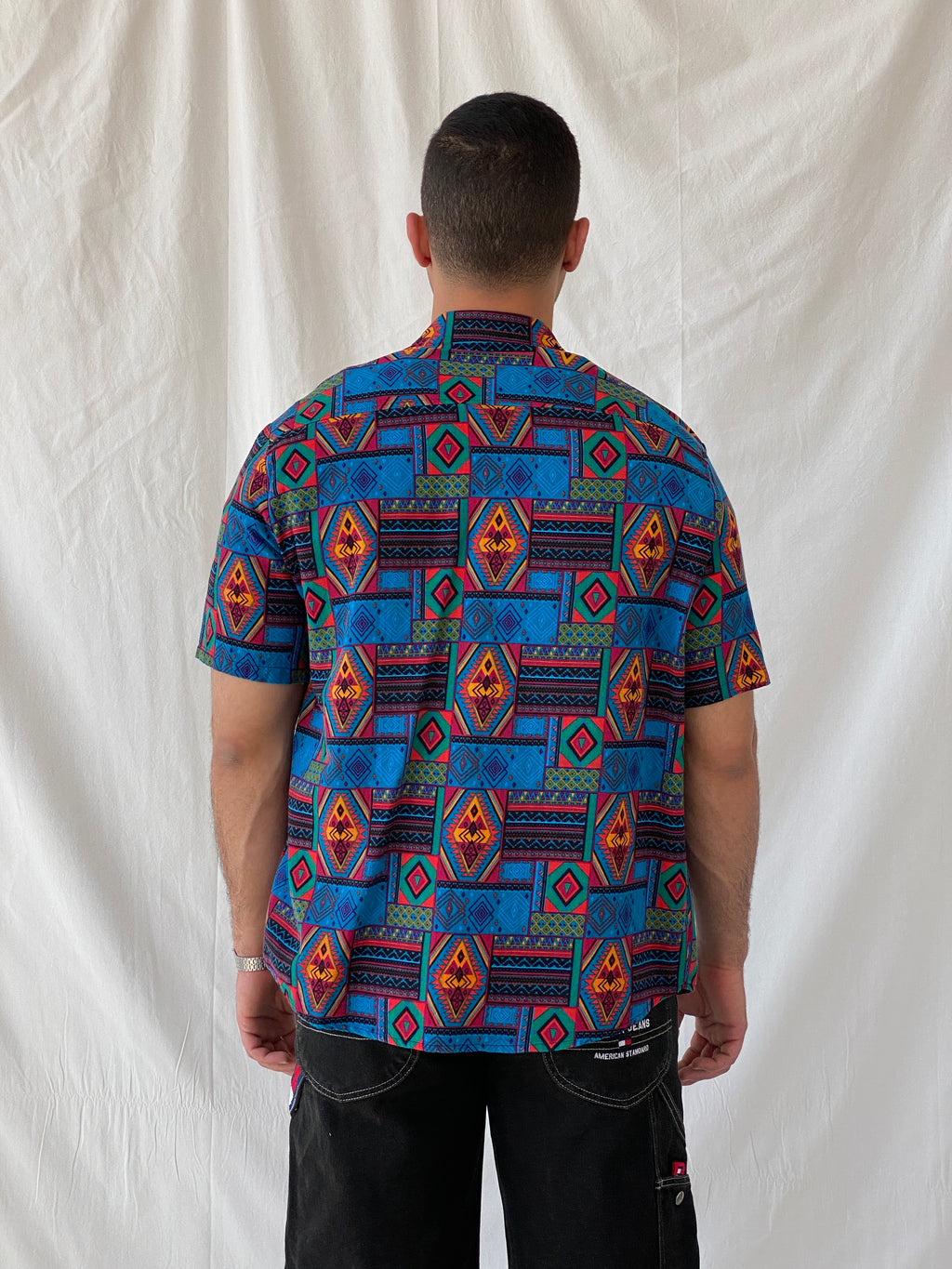 Vintage Aztec Tribal Blue Multi-Color Men’s Short Sleeve Shirt - L