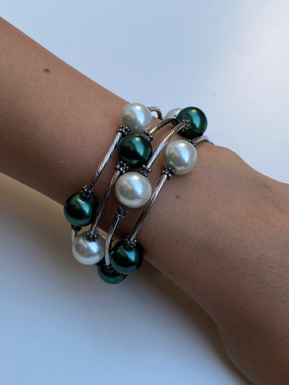 Vintage Silver-Tone Green & Ivory Faux Pearl Wire Wrap Multi-Strand Bracelet