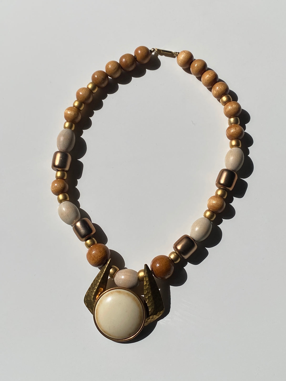 Vintage 90s Wood Bead Statement Necklace – Neutral Tones Gold Accents Pendant Necklace Vintage 90s Wood Bead Statement Necklace – Neutral Tones Gold Accents Pendant Necklace