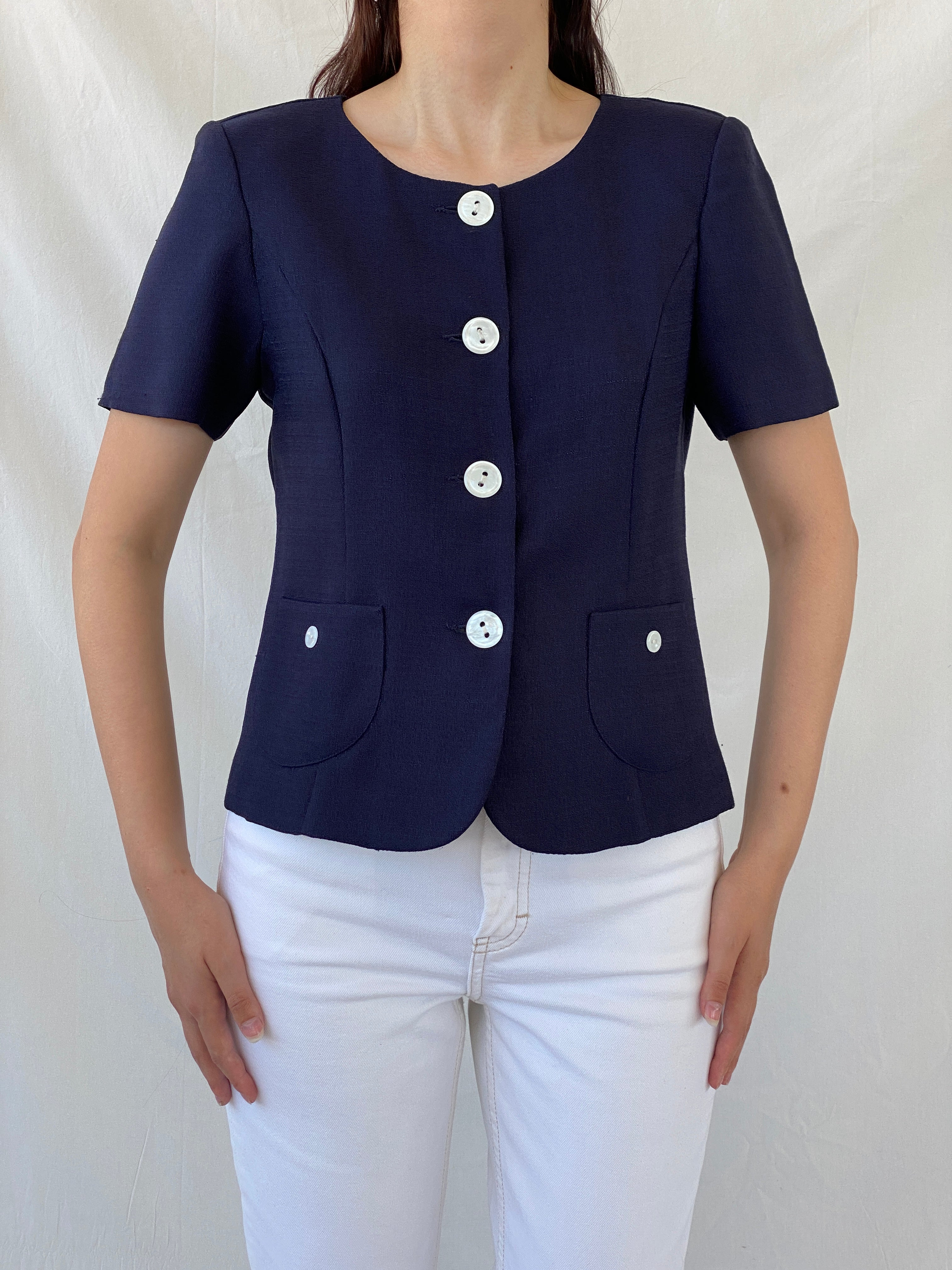 Vintage HBS Collection Navy White Buttons Women’s Short Sleeve Blazer - M