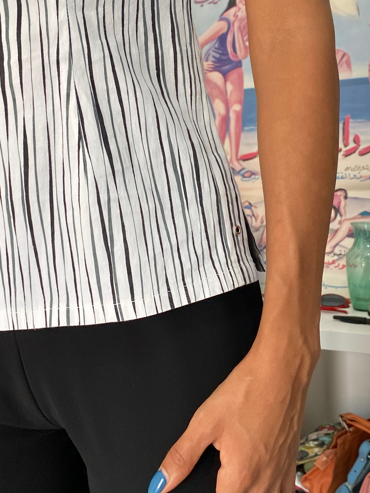 Vintage 90s GEM Fashion White Striped Cotton Stretch Fitted Collared Top - S Vintage 90s GEM Fashion White Striped Cotton Stretch Fitted Collared Top - S
