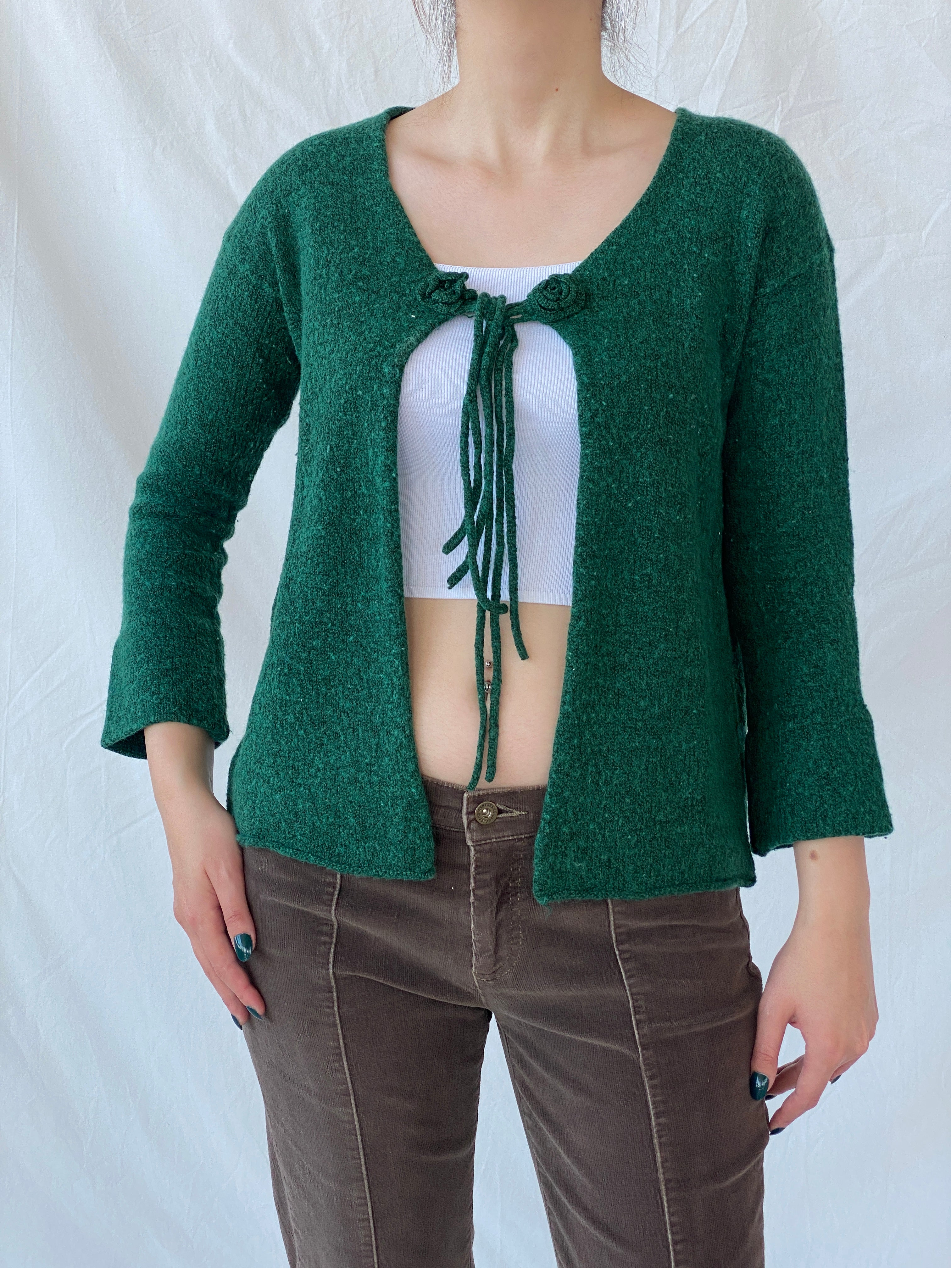 Vintage Green Knitted Women’s Wool Blend Front Tie Cardigan - L