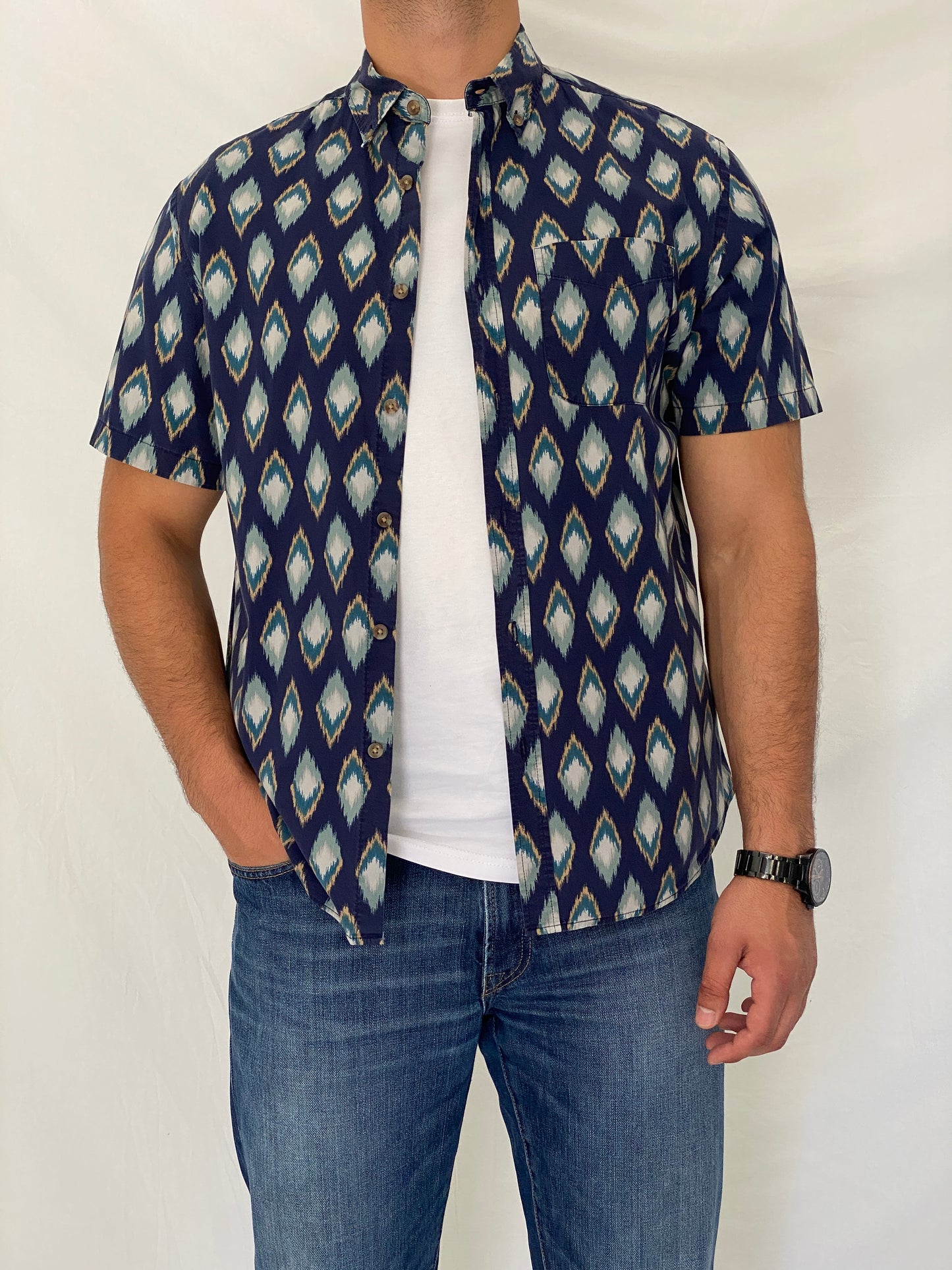 Vintage Y2K Old Navy Blue Ikat Print Button-Down Shirt - L