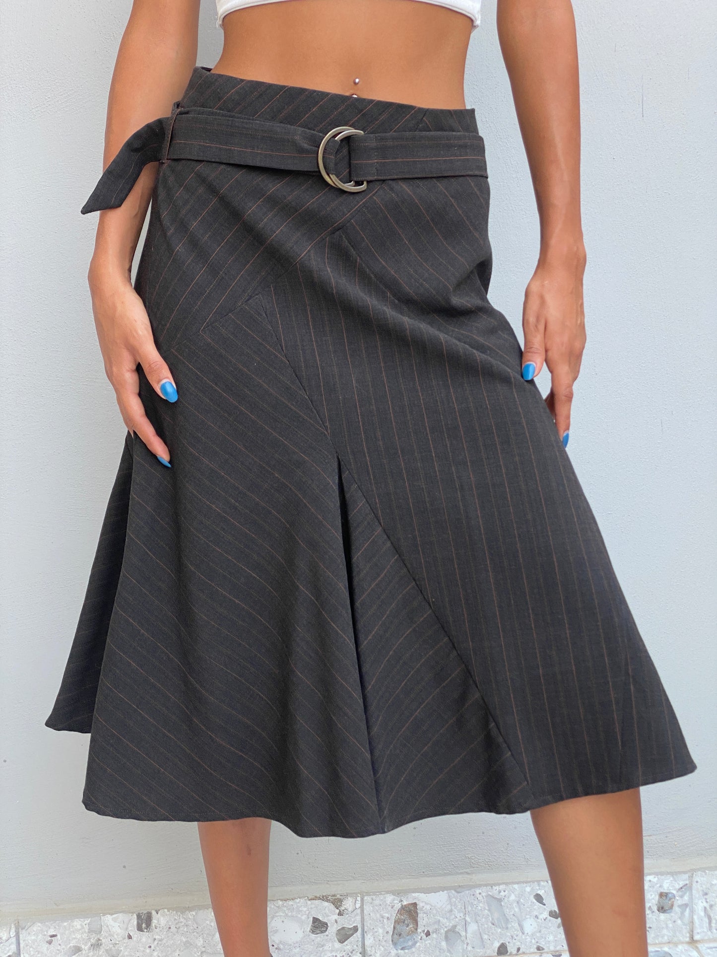 Vintage 123 Un Deux Trois Charcoal Pinstripe Midi Skirt Office Structured A-Line – S
