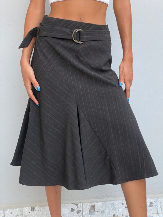Vintage 123 Un Deux Trois Charcoal Pinstripe Midi Skirt Office Structured A-Line – S