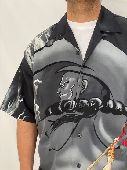 Vintage Y2K Million Guy Anime Graphic Button Up Shirt Black Grey Samurai Manga Shirt - M