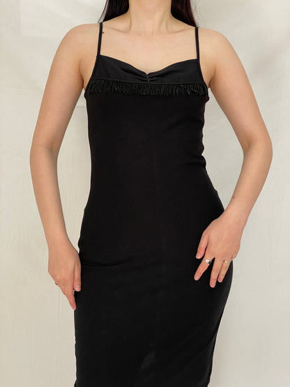 Vintage Y2K Black Minimal Maxi Slip Dress with Fringe Detail - S