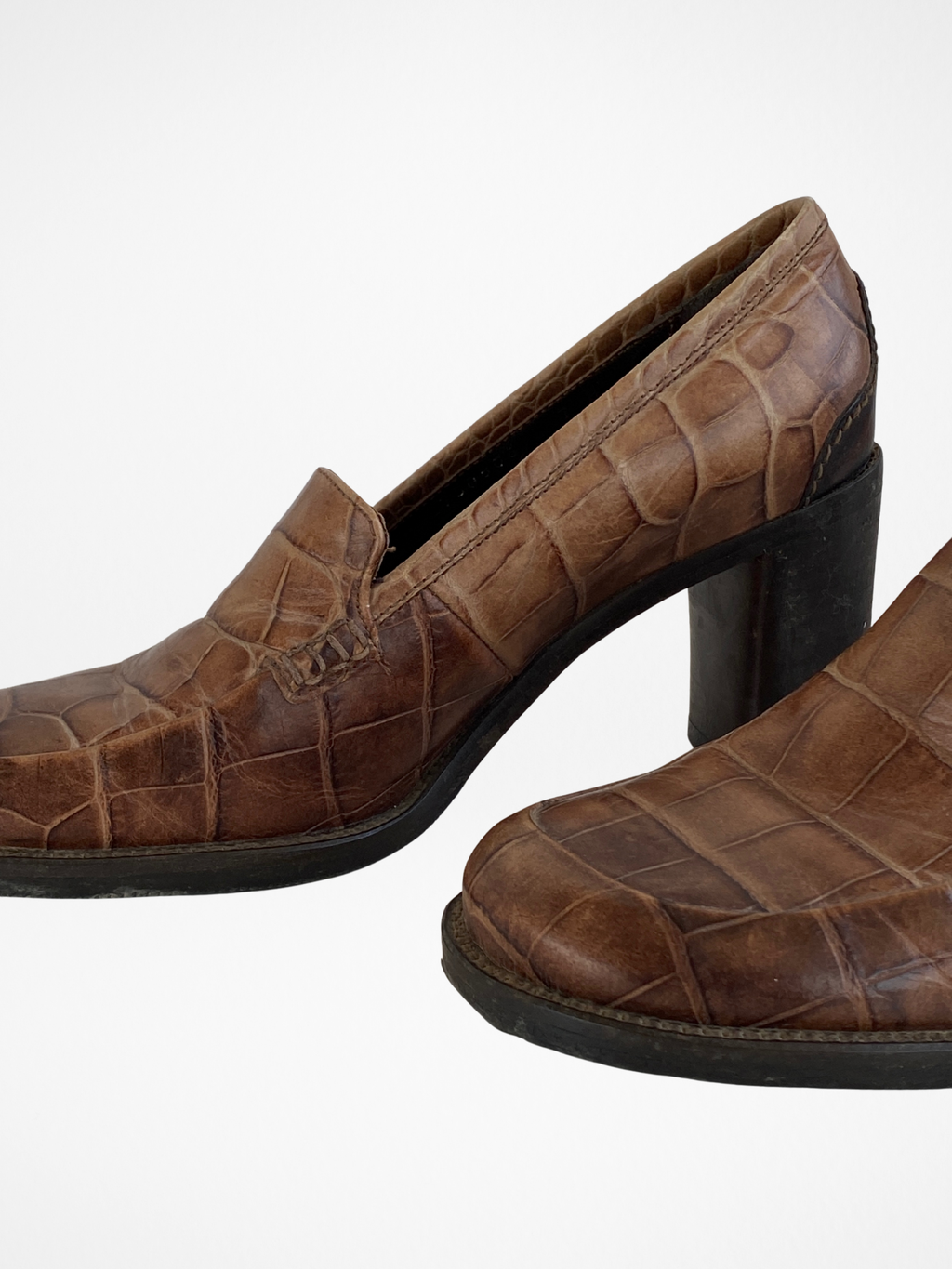 Vintage Kenneth Cole Made in Italy Genuine Leather Croc-Embossed Brown Heeled Loafers - Size 37.5EU