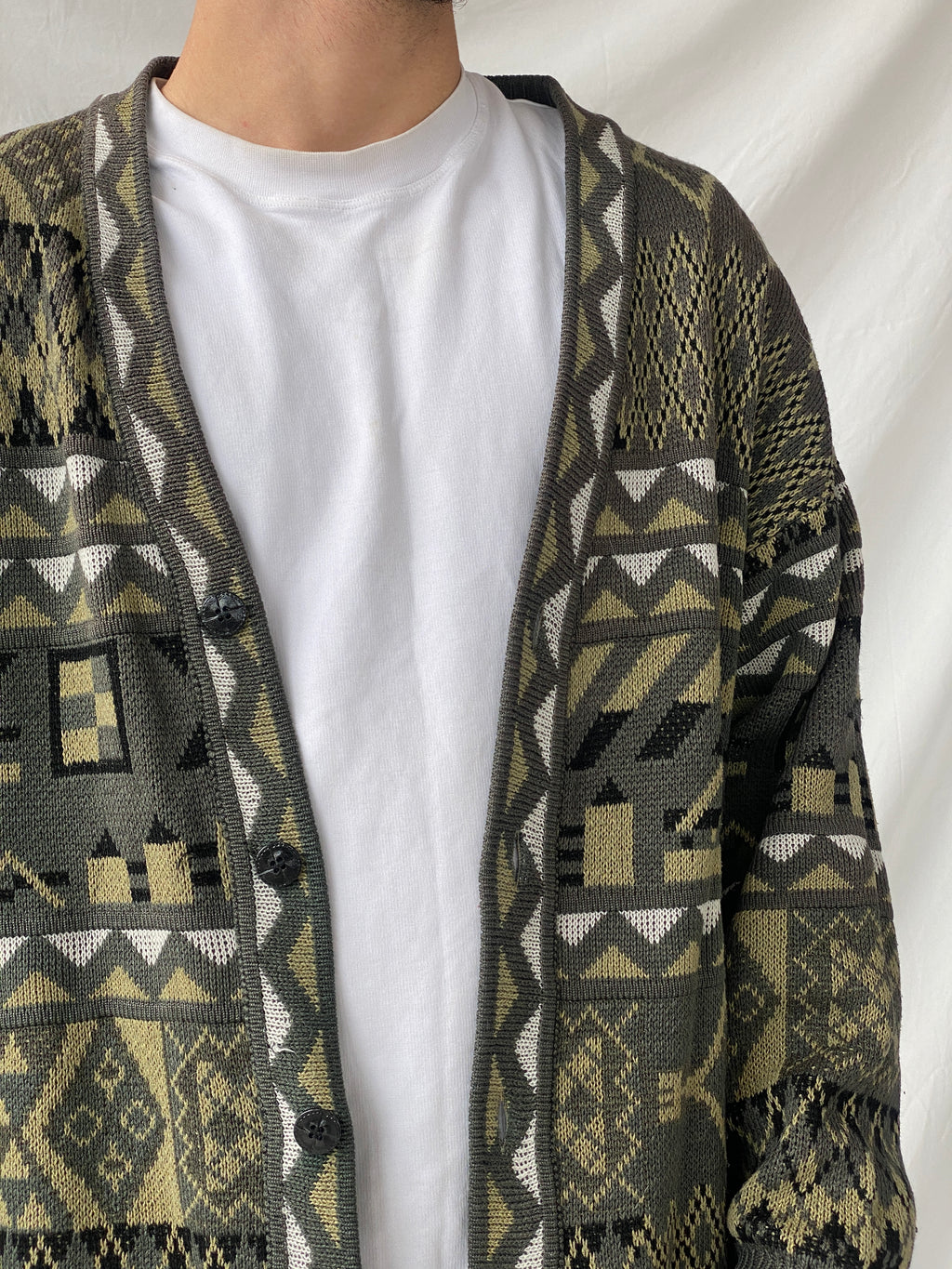Vintage Geometric Print Men’s Cardigan Sweater - L