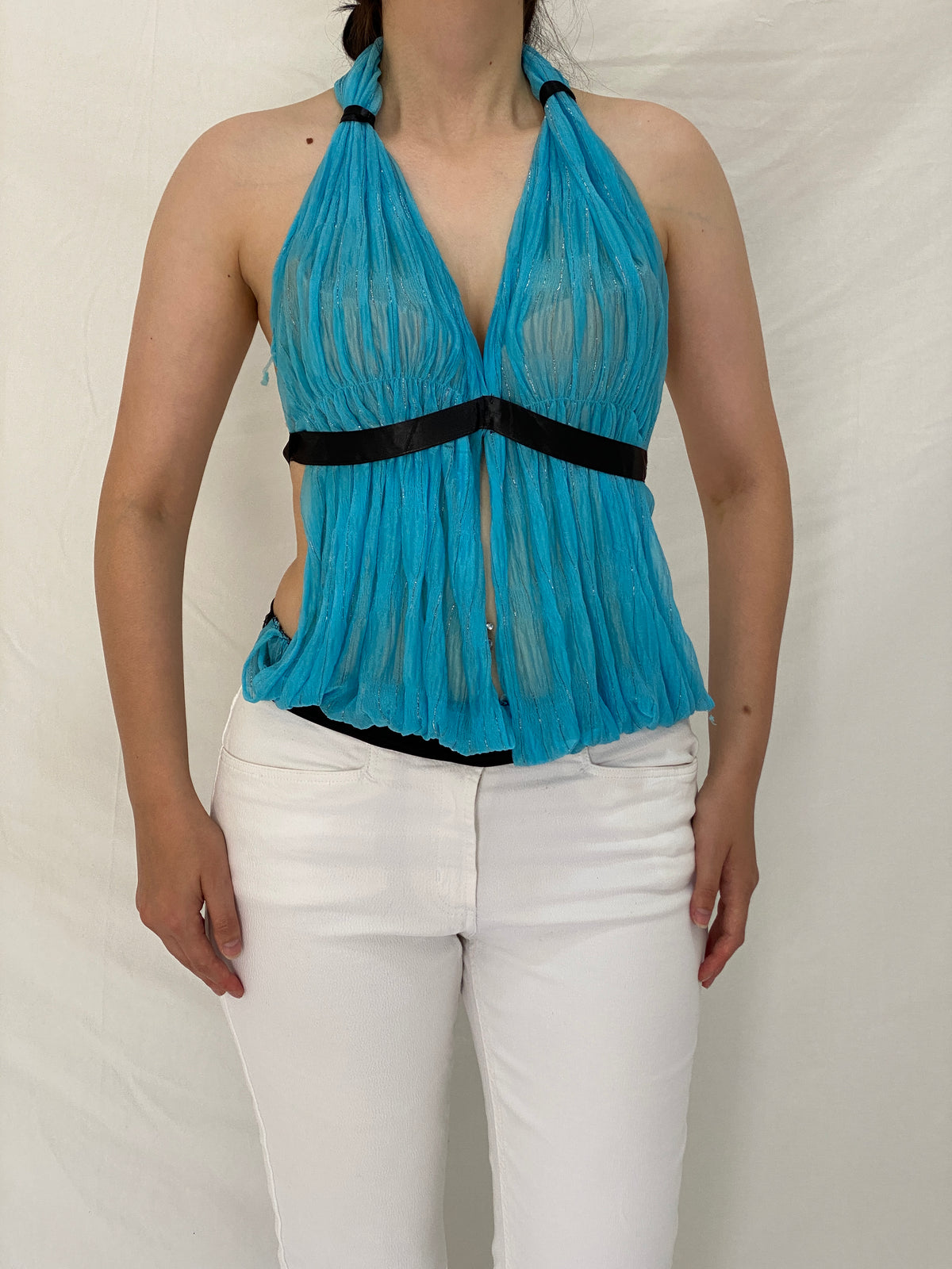 Vintage Y2K Blue Sheer Halter Open Back Mesh Top with Black Satin Trim - S Vintage Y2K Blue Sheer Halter Open Back Mesh Top with Black Satin Trim - S