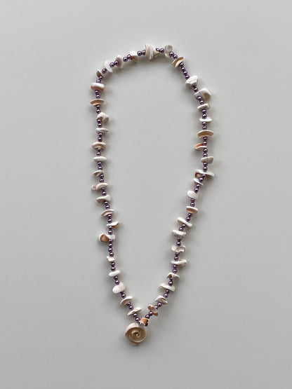 Vintage Natural Shell Chip & Lilac Pearl Bead Necklace with Spiral Shell Pendant