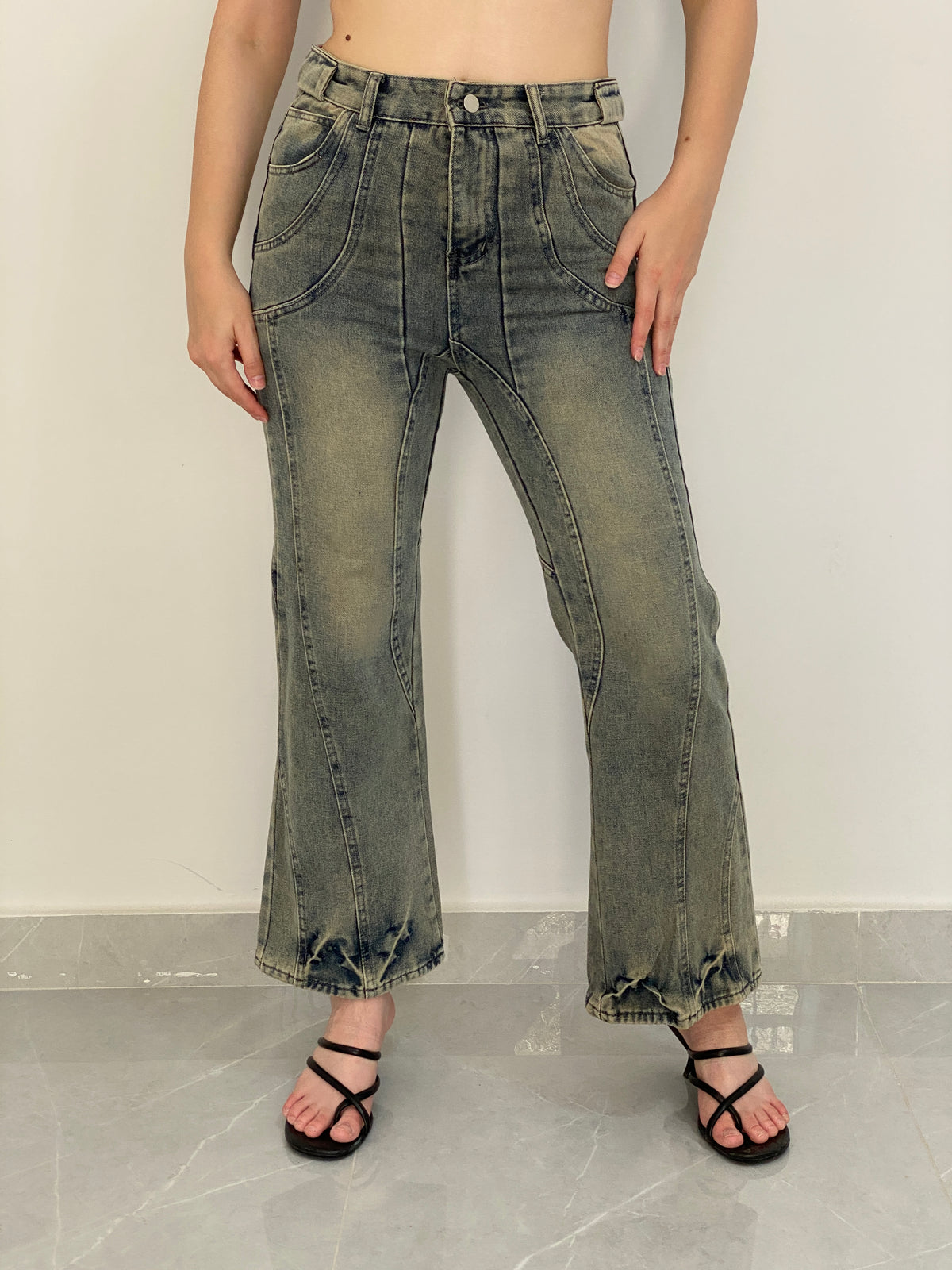 Vintage Y2K Washed Blue Denim Panelled Flare Jeans - 38EUR