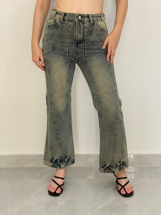 Vintage Y2K Washed Blue Denim Panelled Flare Jeans - 38EUR