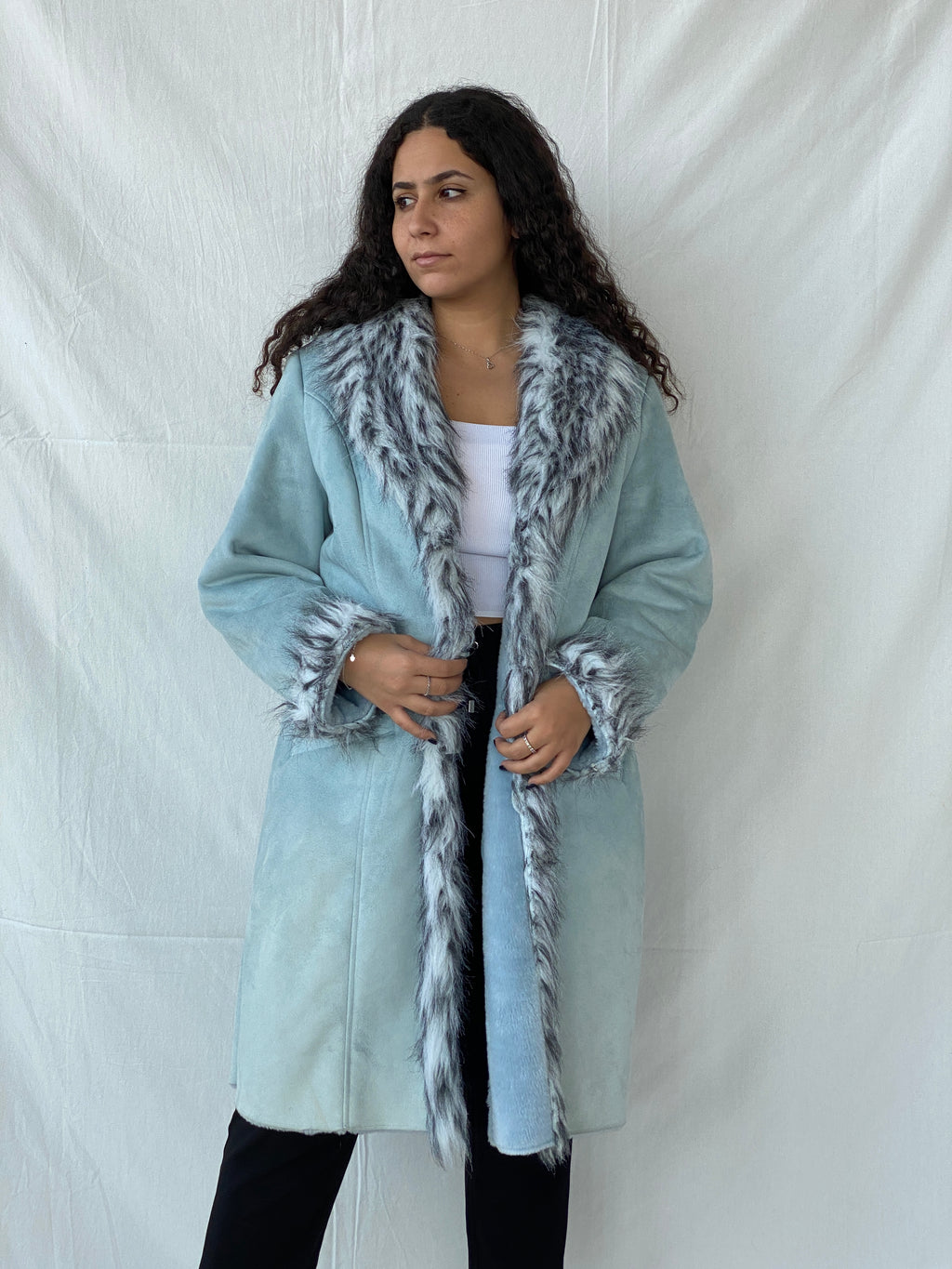 Y2K Blue Faux Fur Afghan Style Penny Lane Coat - 2XL