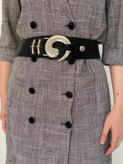 Vintage Croc Embossed Leather Statement Belt with Oversized Silver Buckle