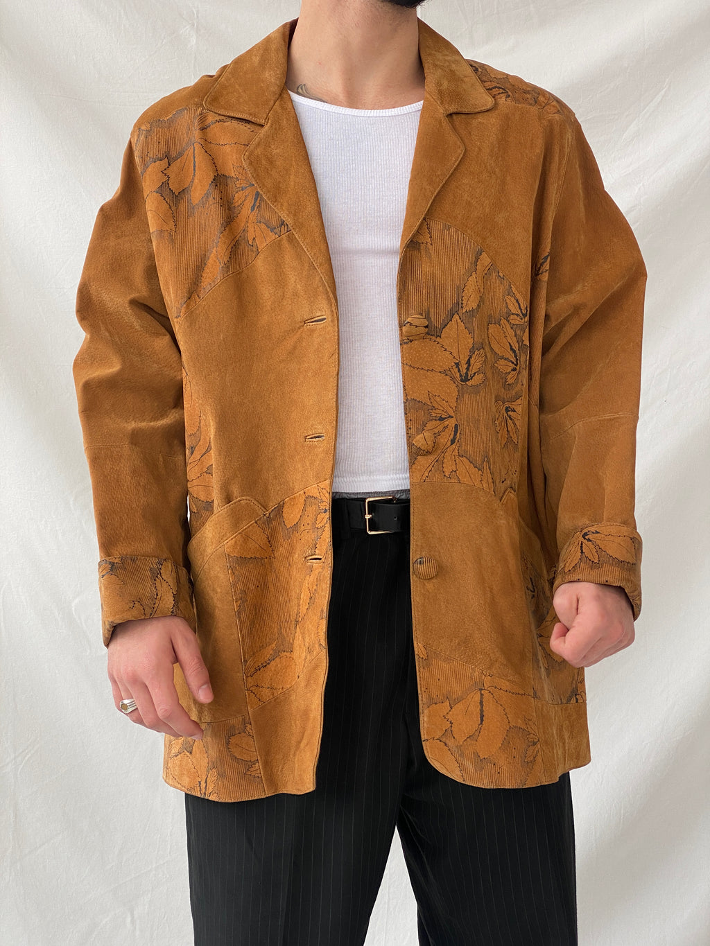 Vintage Men’s Genuine Brown Suede Leather Oversized Floral Blazer - XL
