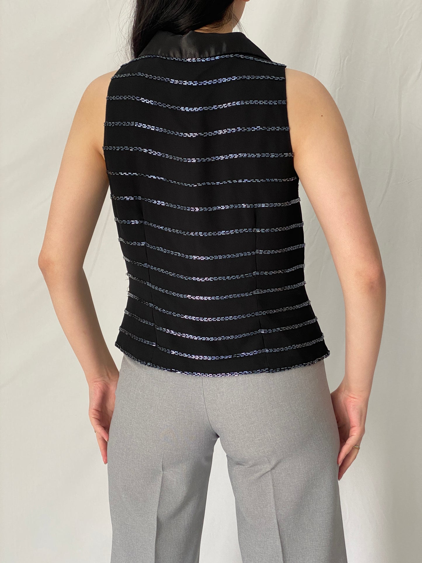 Vintage JK ARA Black Beaded Party Sleeveless Top Embellished Evening Blouse – M