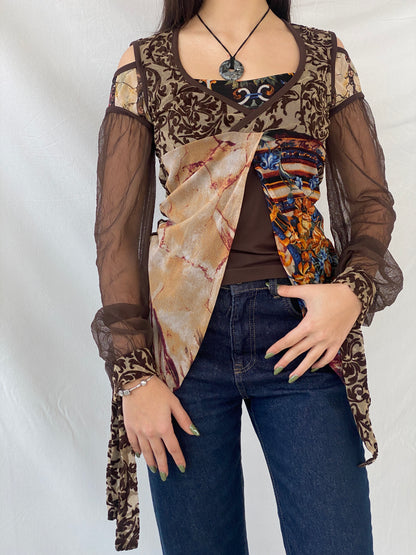 Statement Save The Queen Brown Long Sheer Sleeves Asymmetric Top - M