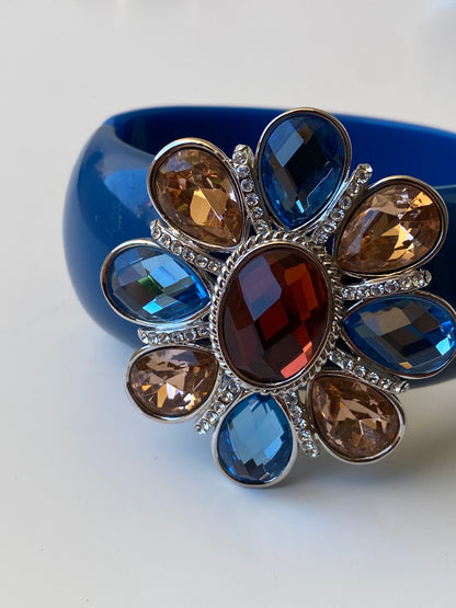Y2K Cobalt Blue Rhinestone Flower Hinge Cuff Bracelet Chunky Bangle