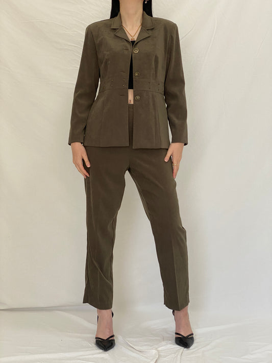 Vintage 90s Sag Harbor Dress Petite Olive Green Blazer & Pants Set Officecore Tailored Suit - M