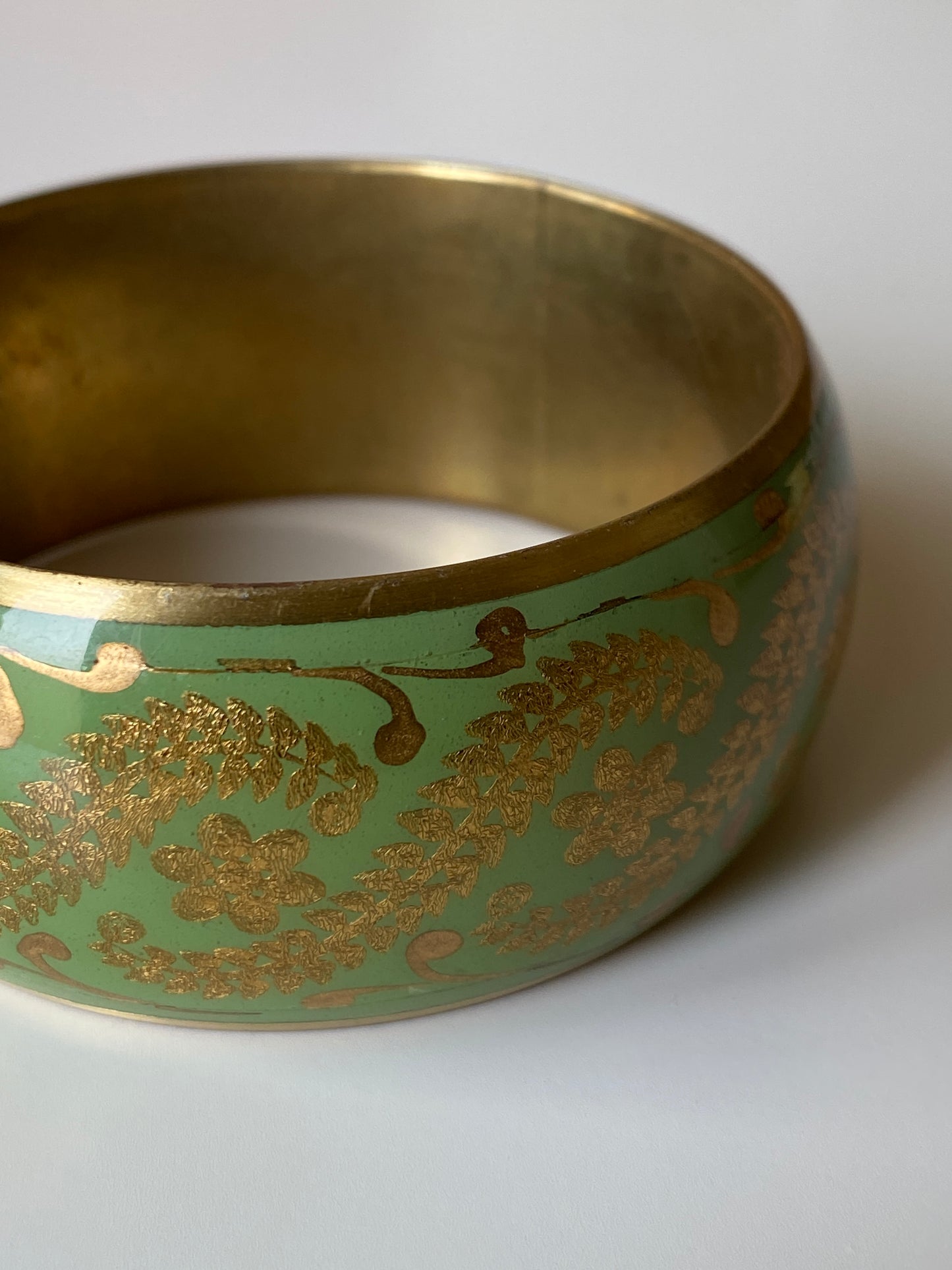 Vintage Green Enamel & Gold Floral Cuff Bracelet Wide Statement Bangle