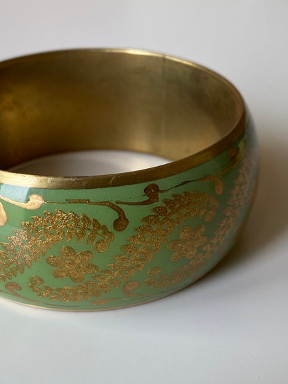 Vintage Green Enamel & Gold Floral Cuff Bracelet Wide Statement Bangle