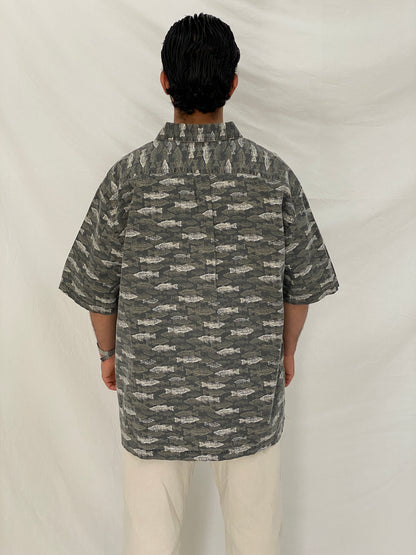 Vintage Puritan Fish Print Gray Cotton Button Up Shirt Oversized Coastal Shirt - XL