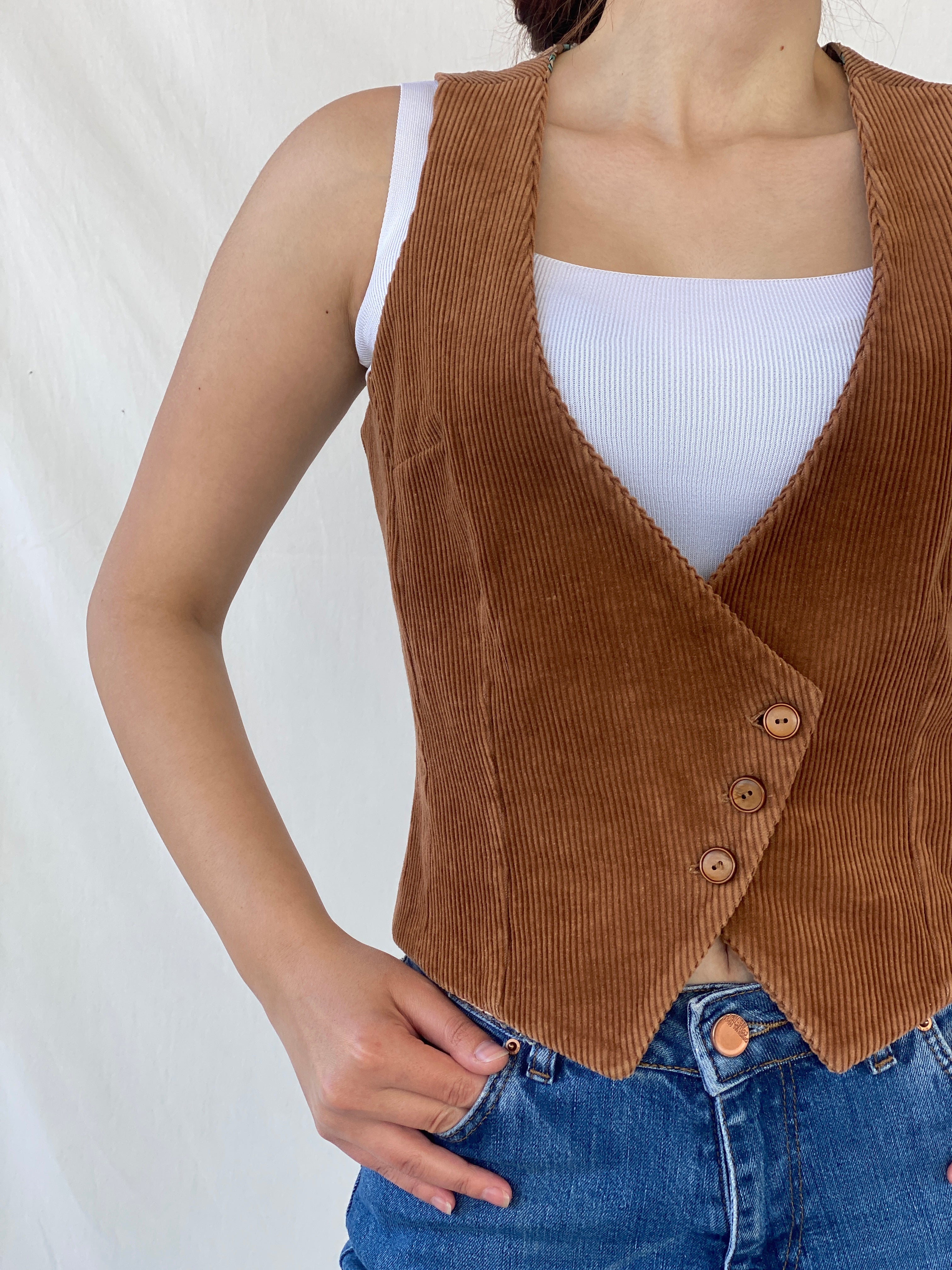 Vintage Groovy Brown Corduroy Asymmetric Vest - S