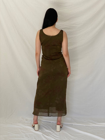 Vintage Y2K Jones Wear Olive Floral Crinkle Maxi Dress - S