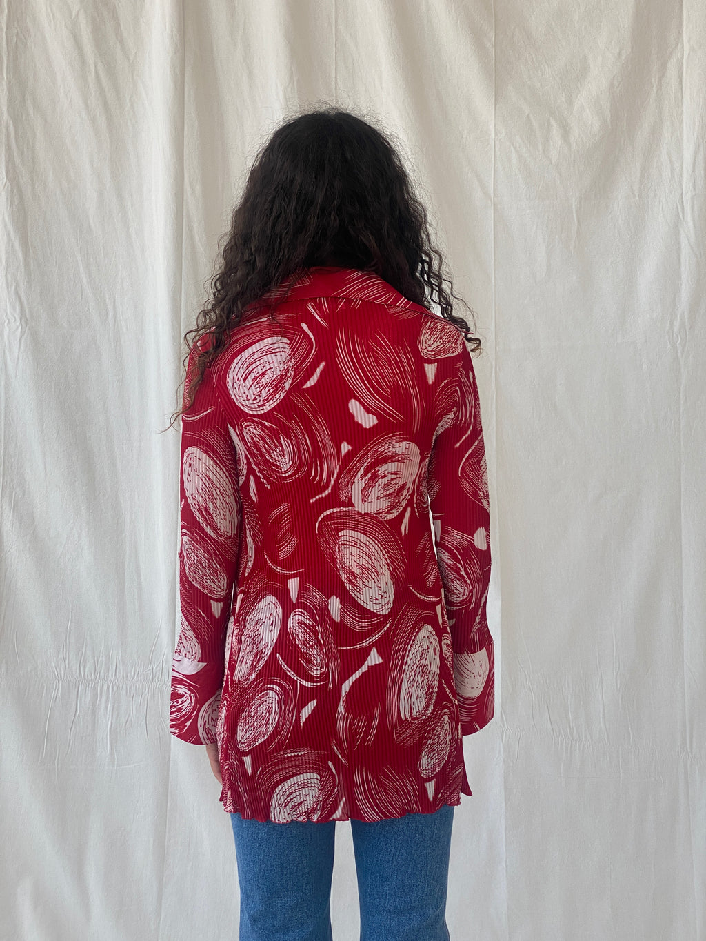 Vintage Jiabin Pleated Red & White Top & Cardigan Women’s Set - M