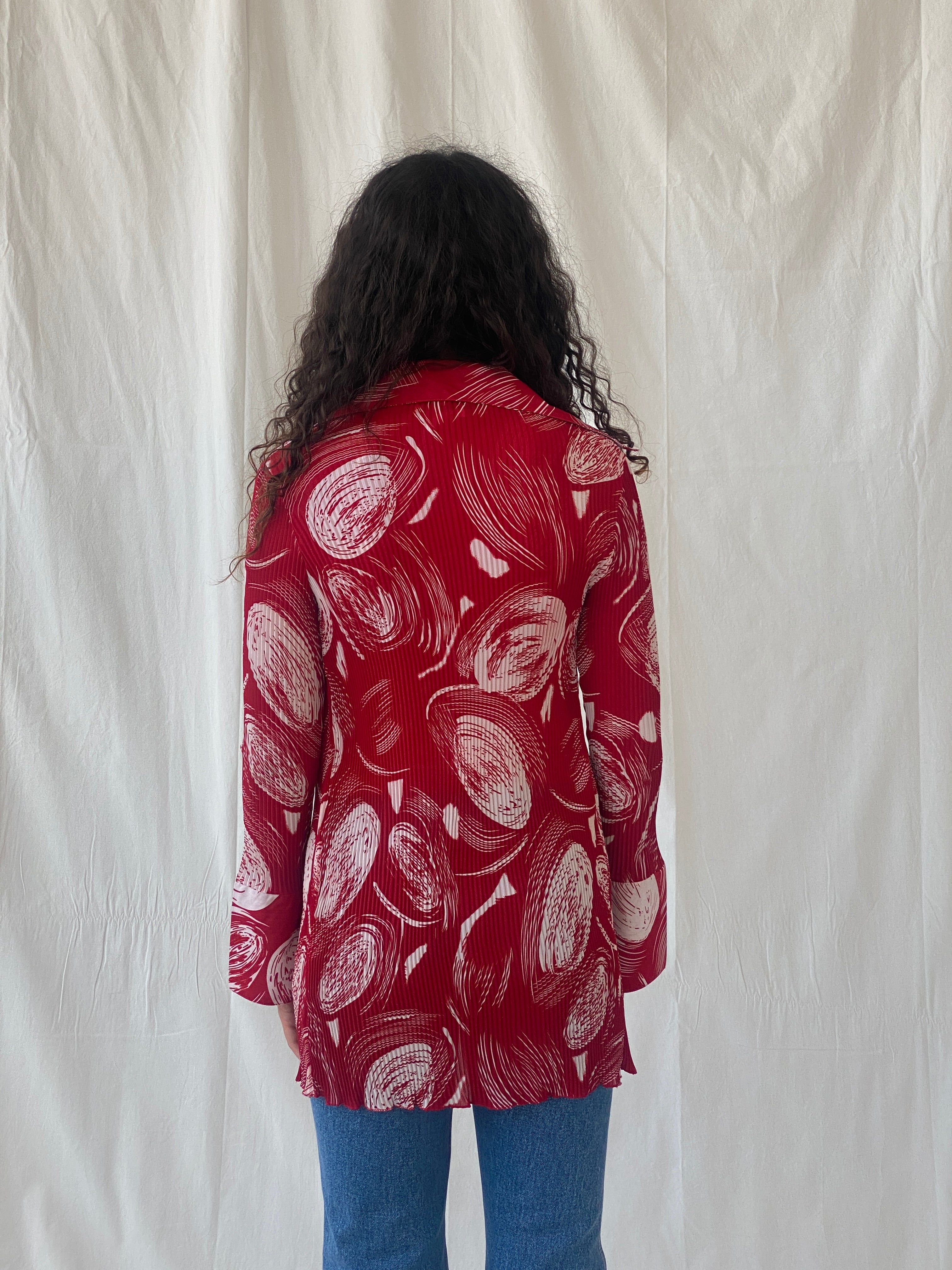 Vintage Jiabin Pleated Red & White Top & Cardigan Women’s Set - M