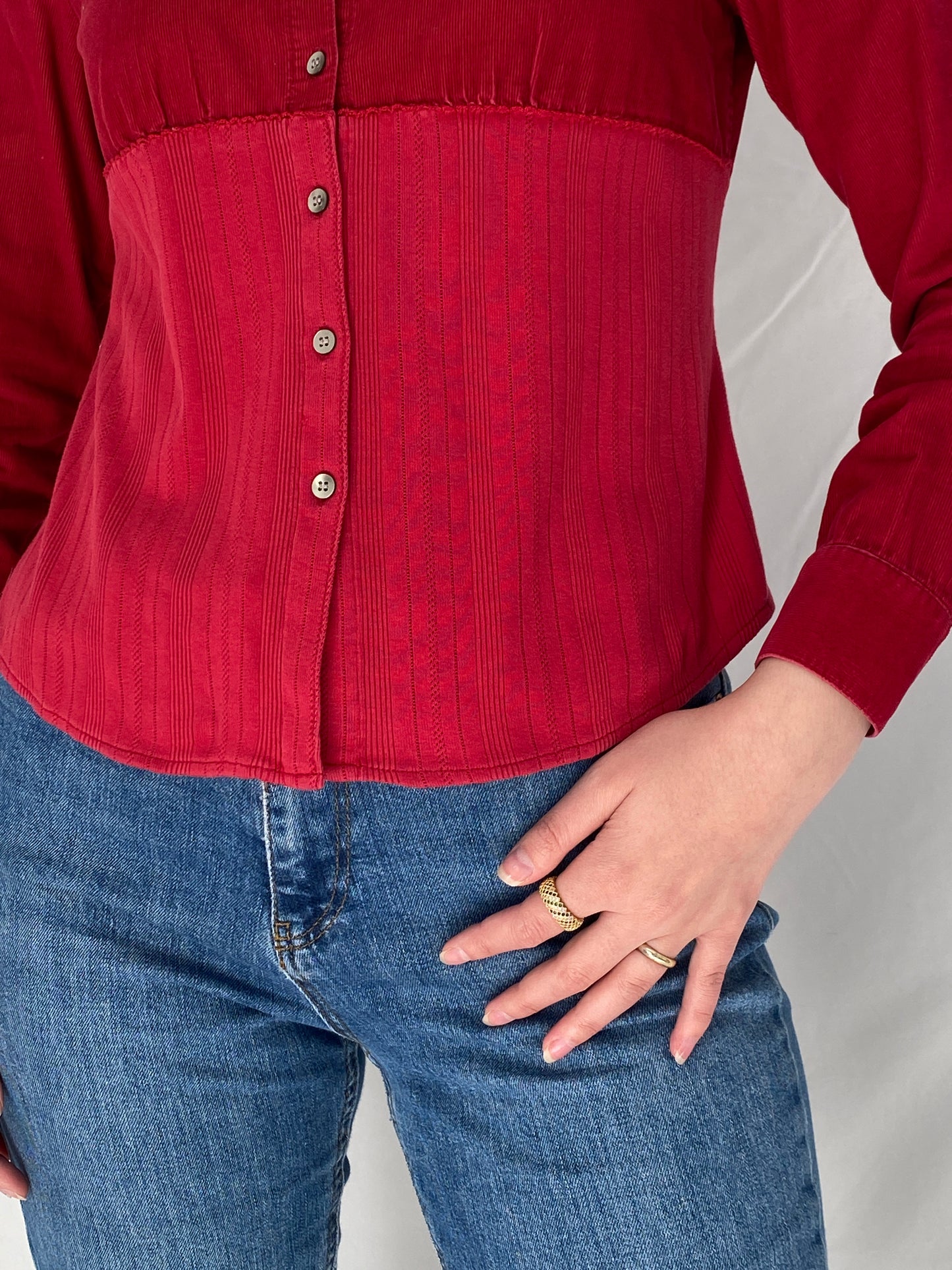 Vintage J.Jill Red Corduroy Corset Panel Shirt Fitted Button-Up Blouse - S