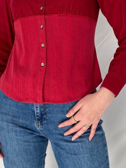 Vintage J.Jill Red Corduroy Corset Panel Shirt Fitted Button-Up Blouse - S