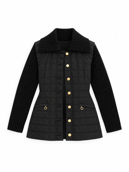 Vintage 90s Laurèl Black Quilted Jacket with Wool Knit Sleeves & Gold Buttons – M