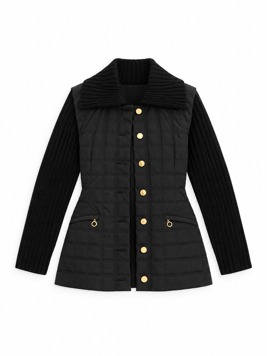 Vintage 90s Laurèl Black Quilted Jacket with Wool Knit Sleeves & Gold Buttons – M