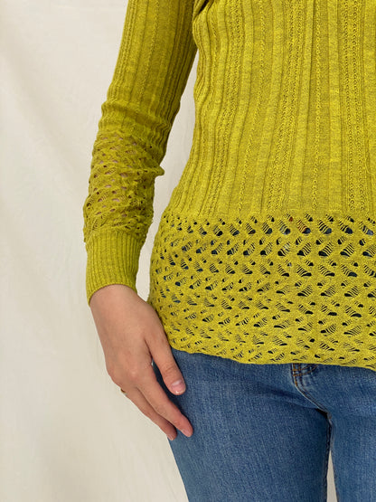 Vintage Y2K Chartreuse Ribbed Knit Twist Front Open Knit Detail Long Sleeve Top - S