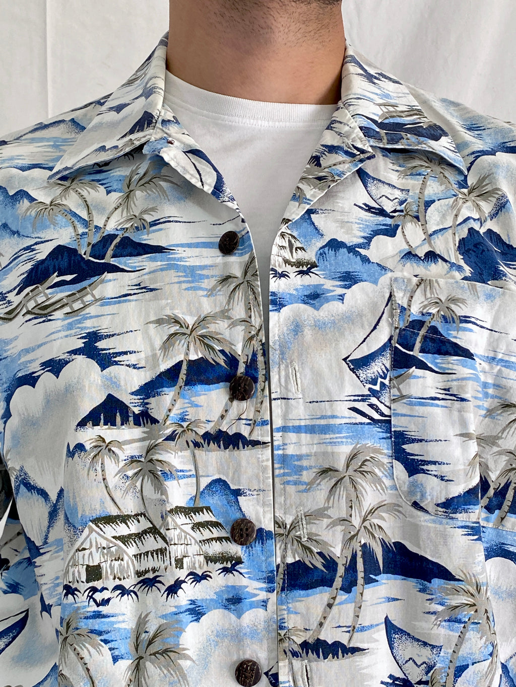 Vintage Cherokee Cotton Tropical Blue Island Men’s Hawaiian Shirt - L
