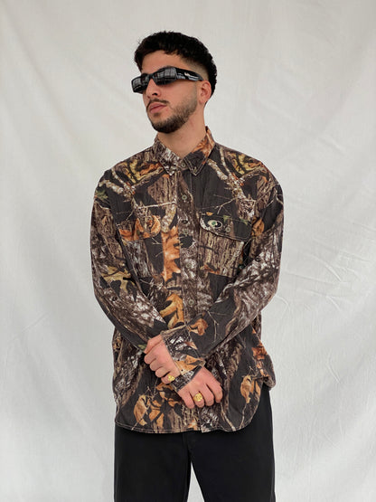 Vintage Mossy Oak Camo Break-Up Woodland Camouflage Button Down Long Sleeve Hunting Shirt - XL